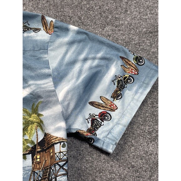 Ky's Hawaiian Shirt Men's Large Cotton Motorcycles Surfboards Tiki Hut Button-Up - Picture 14 of 16